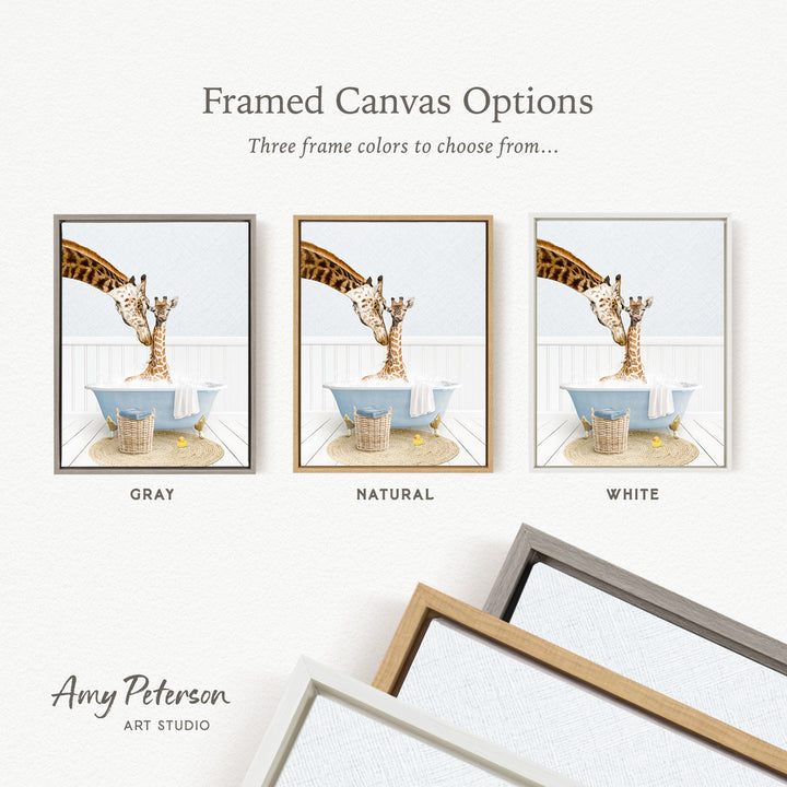 The image is a framed canvas option featuring three different colored frames, each containing a photograph of a giraffe in a bathtub.
