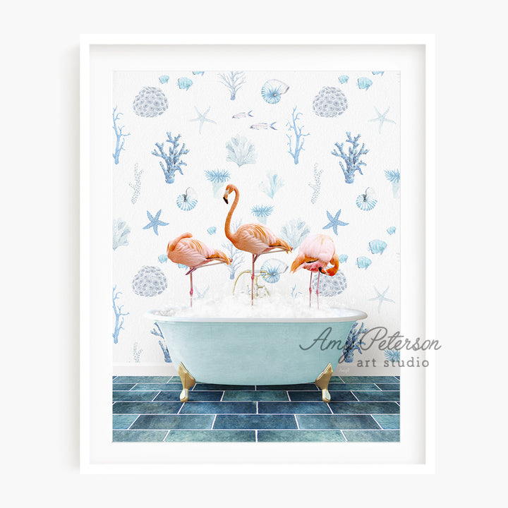 two flamingos in a bathtub with blue tile