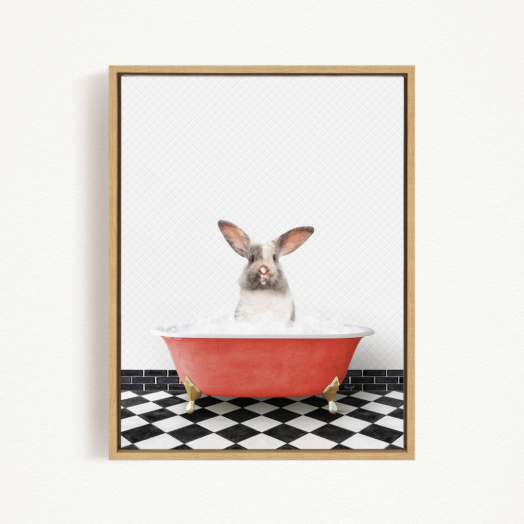 A white rabbit sitting in a red bathtub filled with water, with a black and white checkered floor in the background.