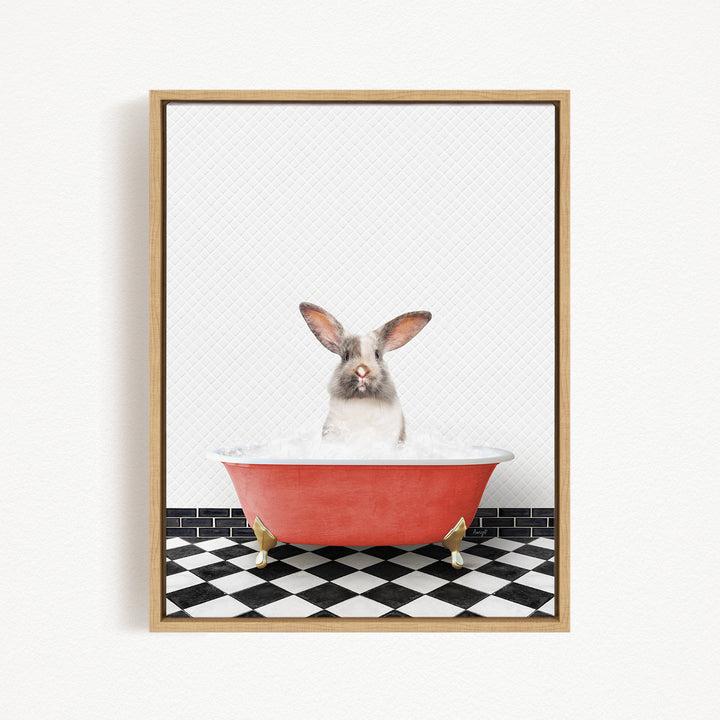 A white rabbit sitting in a red bathtub filled with water, with a black and white checkered floor in the background.