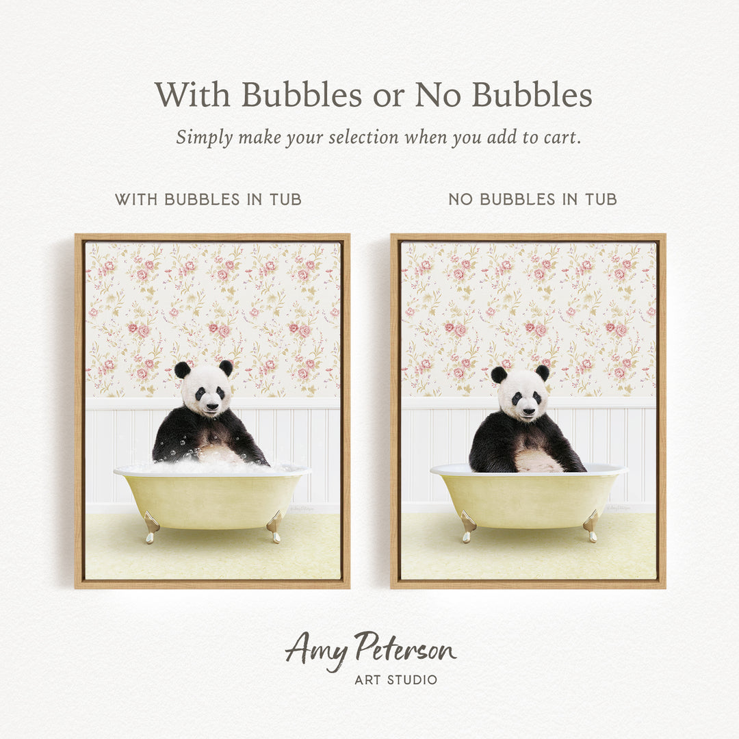 The image is a collage of two pictures featuring a panda bear sitting in a bathtub. The panda bear is sitting in a tub with bubbles, and the other image depicts a panda bear sitting in a tub without bubbles.