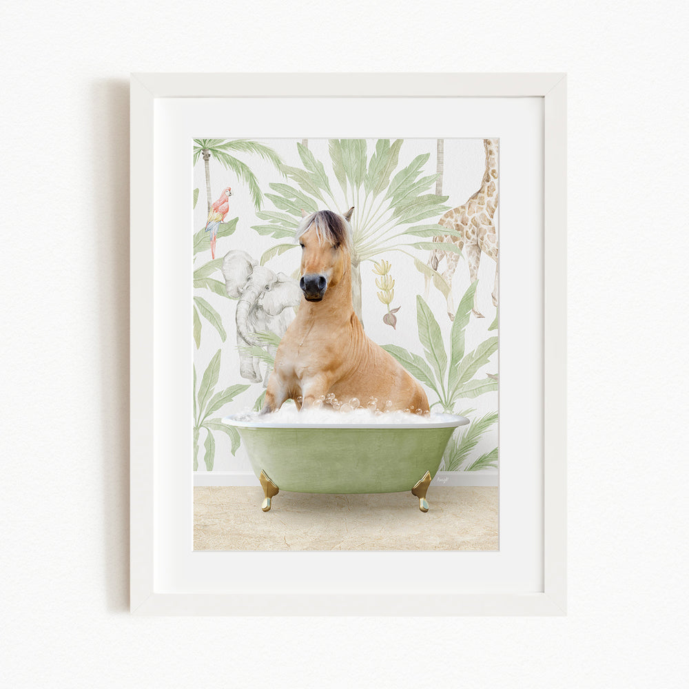 A horse is sitting in a green bathtub filled with bubbles, surrounded by a tropical jungle wallpaper.