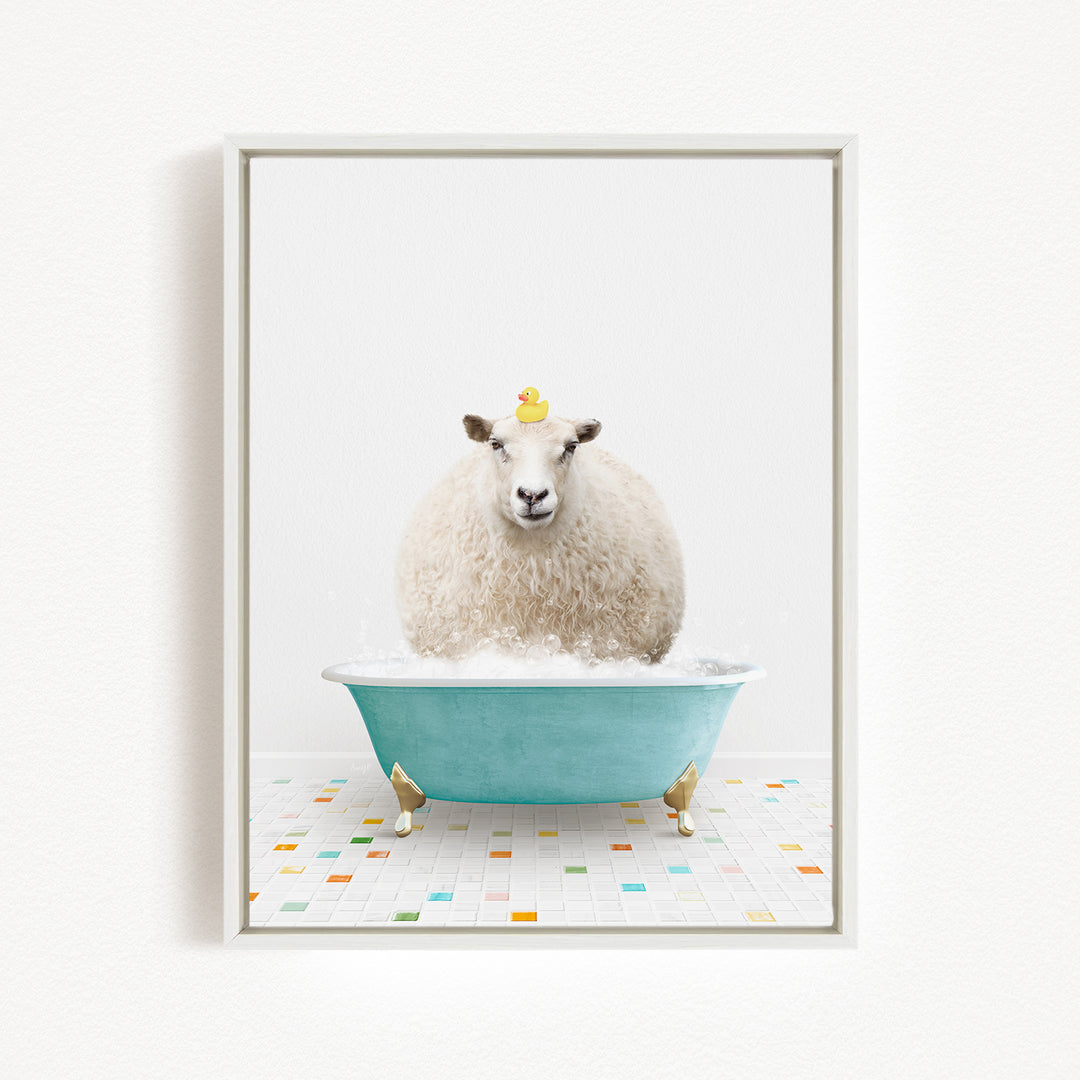 A fluffy white sheep sits in a blue bathtub, with a yellow rubber duck perched on its head.