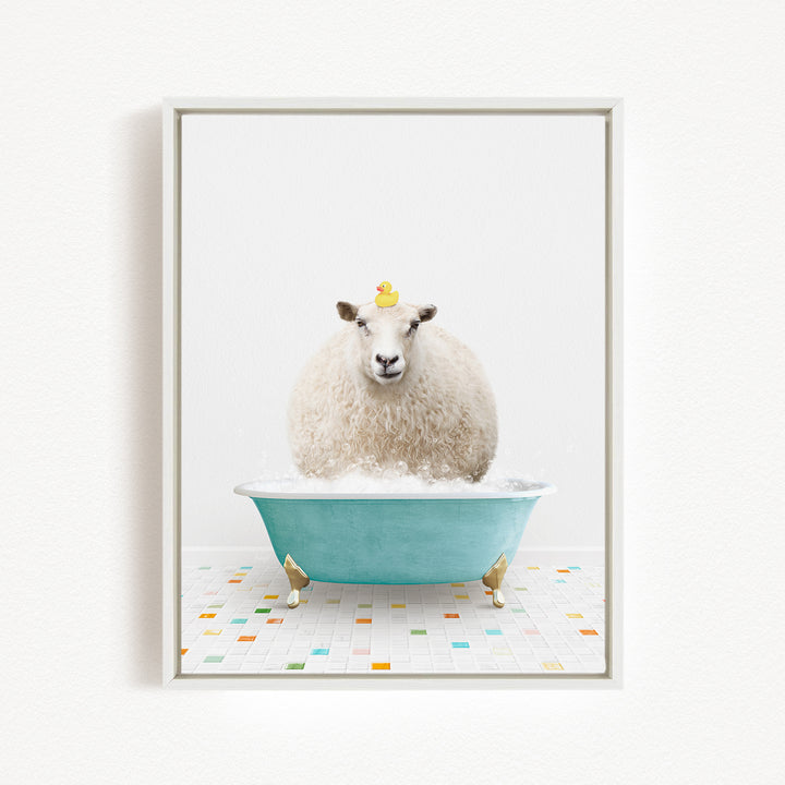 A fluffy white sheep sits in a blue bathtub, with a yellow rubber duck perched on its head.
