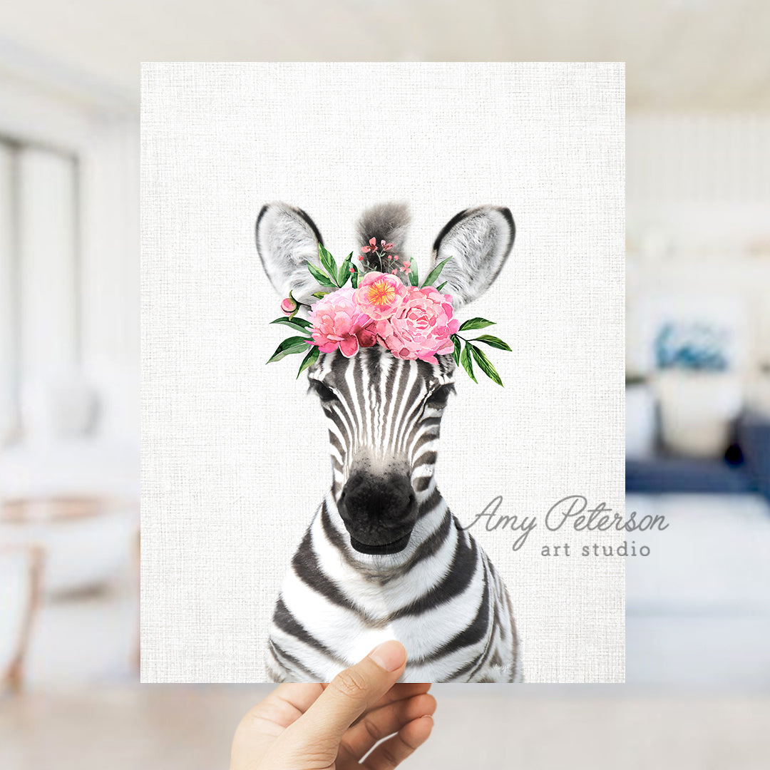 a zebra with a flower crown on its head