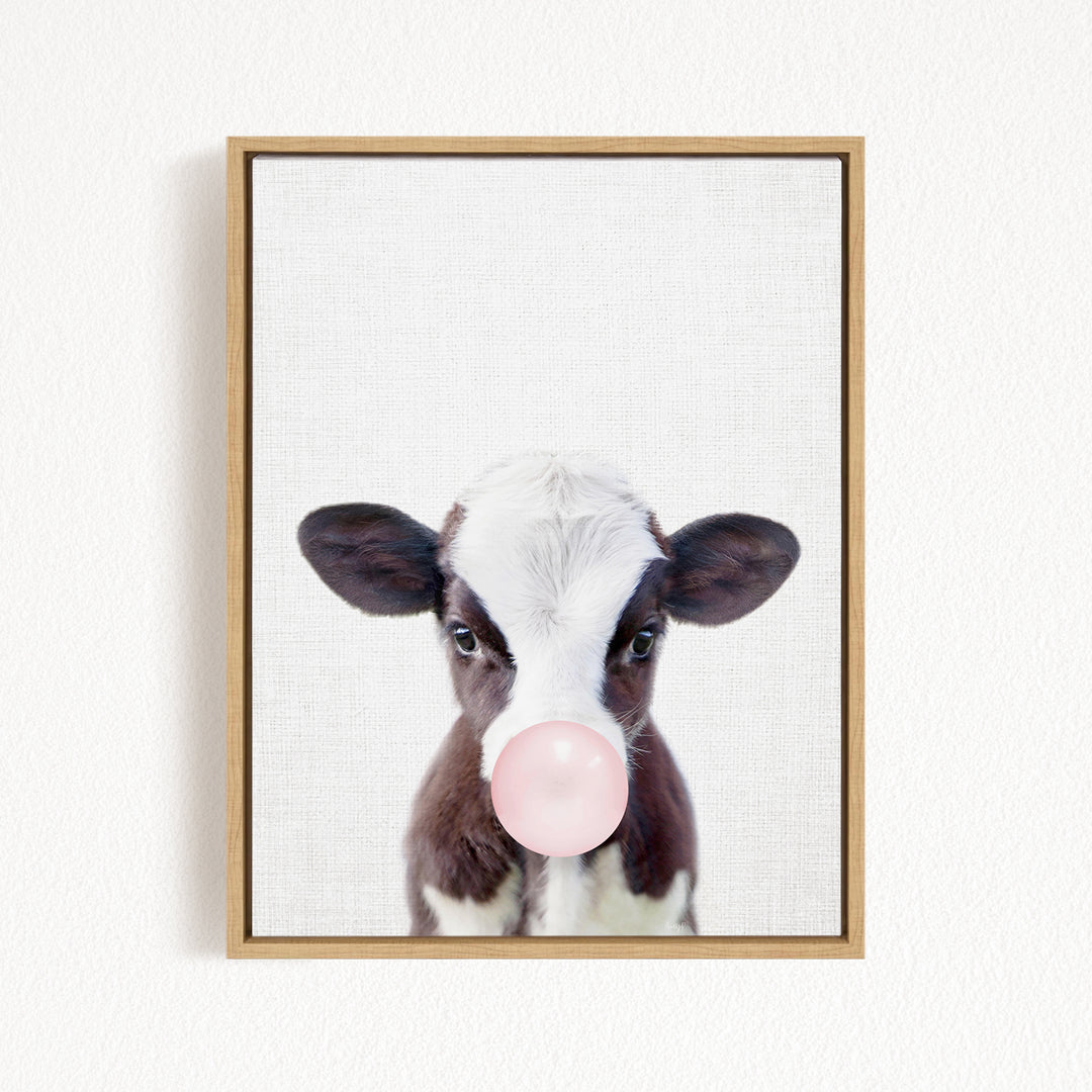 A framed image of a cow blowing a bubble with a pink bubble gum bubble.