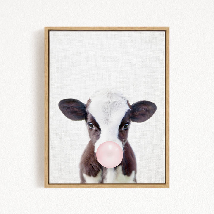 A framed image of a cow blowing a bubble with a pink bubble gum bubble.
