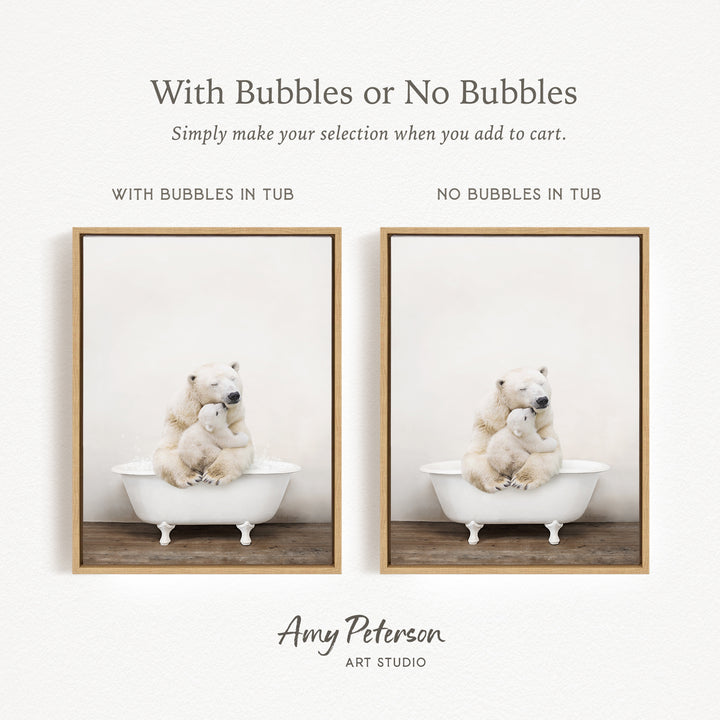 The image is a collage of two pictures, each featuring a polar bear sitting in a bathtub. The polar bear in the left picture has bubbles in the tub, while the polar bear in the right picture does not have bubbles. The text above the images reads "With Bubbles or No Bubbles Simply make your selection when you add to cart."