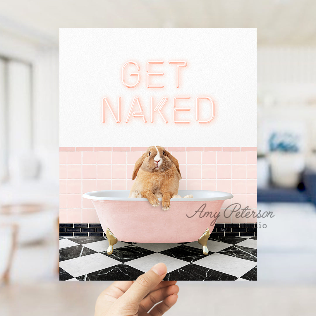 a person holding up a card with a picture of a bunny in a bathtub