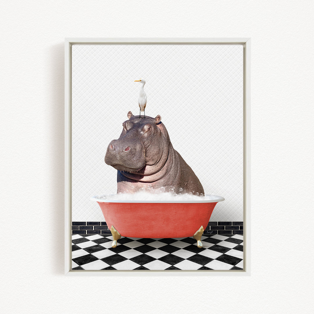 A large hippopotamus is sitting in a red bathtub, with a white bird perched on its head.