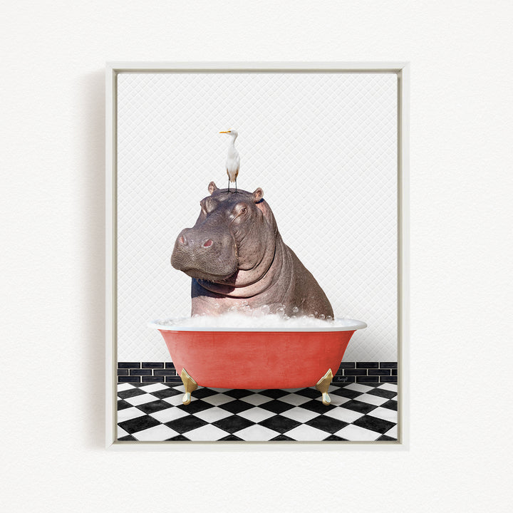A large hippopotamus is sitting in a red bathtub, with a white bird perched on its head.