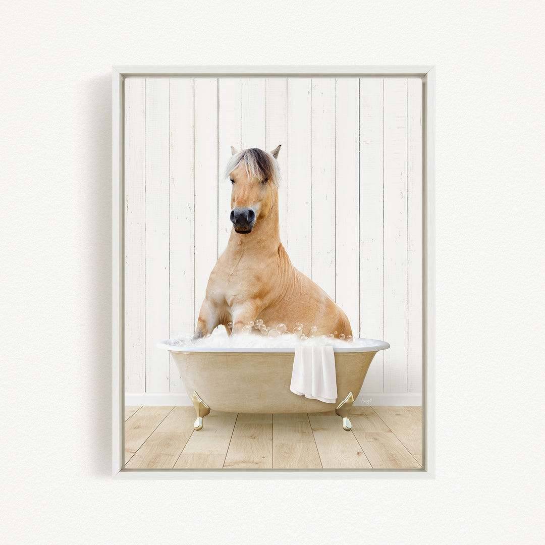 A brown horse relaxing in a bathtub filled with water, surrounded by a white wooden wall.