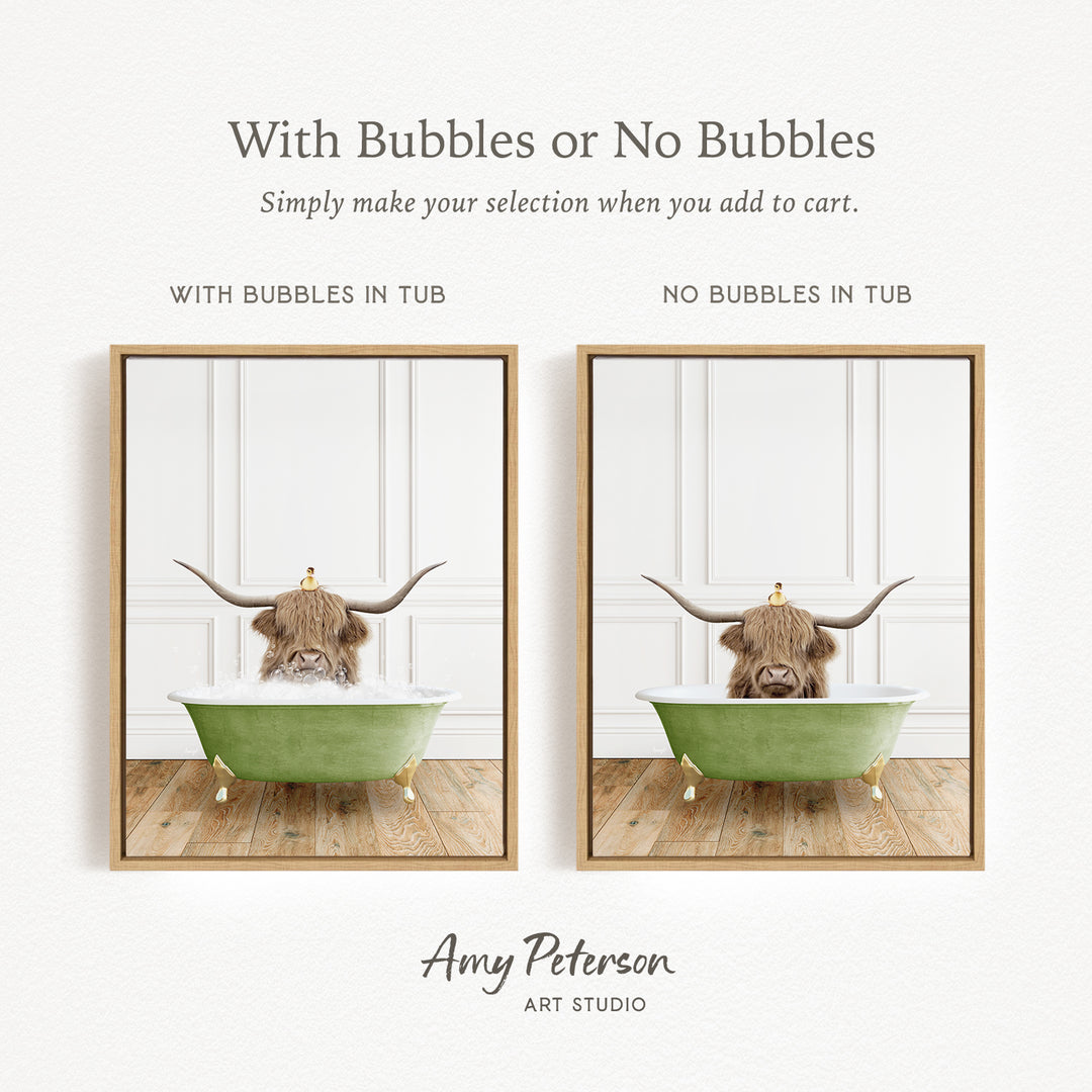 The image is a collage of two framed pictures, each depicting a bull with horns in a bathtub. The bull in the green tub has bubbles, while the bull in the tub without bubbles is depicted in a plain green tub.