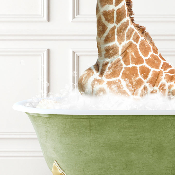 a giraffe sticking its head out of a bathtub