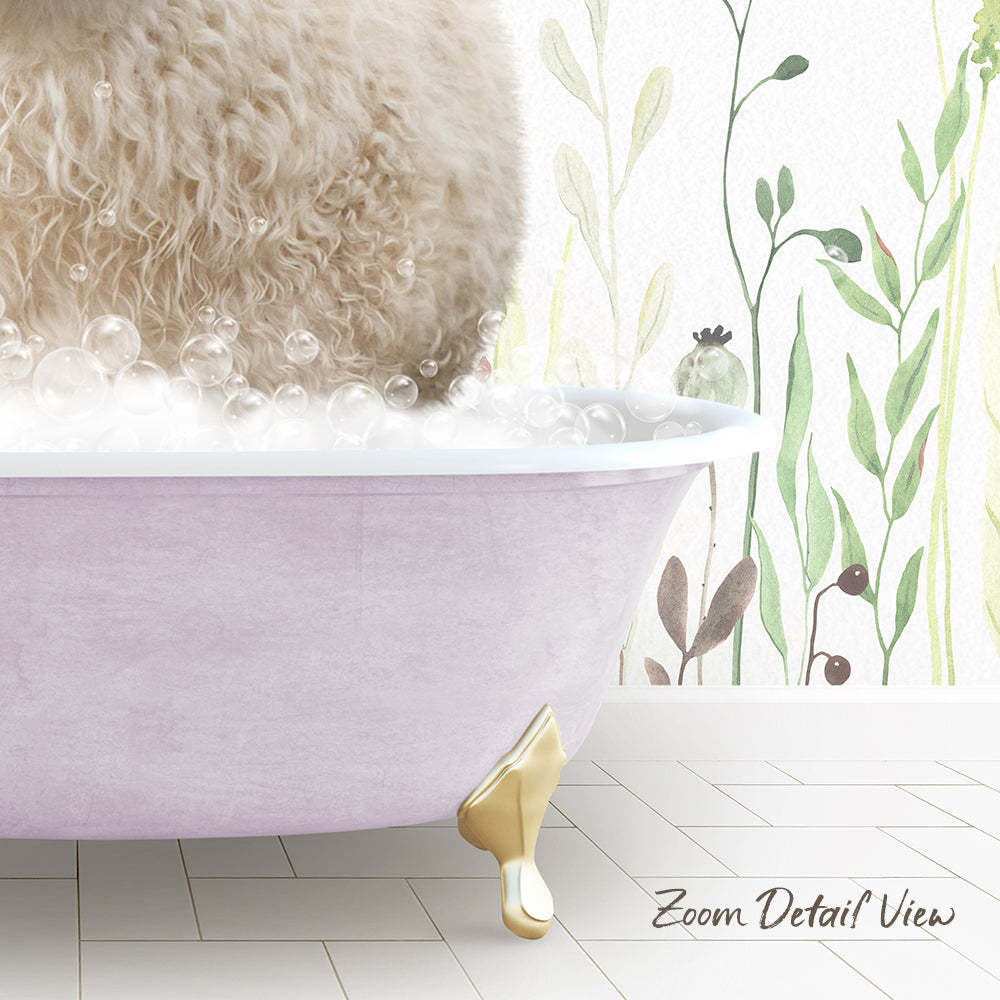 A fluffy white dog is sitting in a pink bathtub filled with bubbles, with a plant-themed wallpaper in the background.