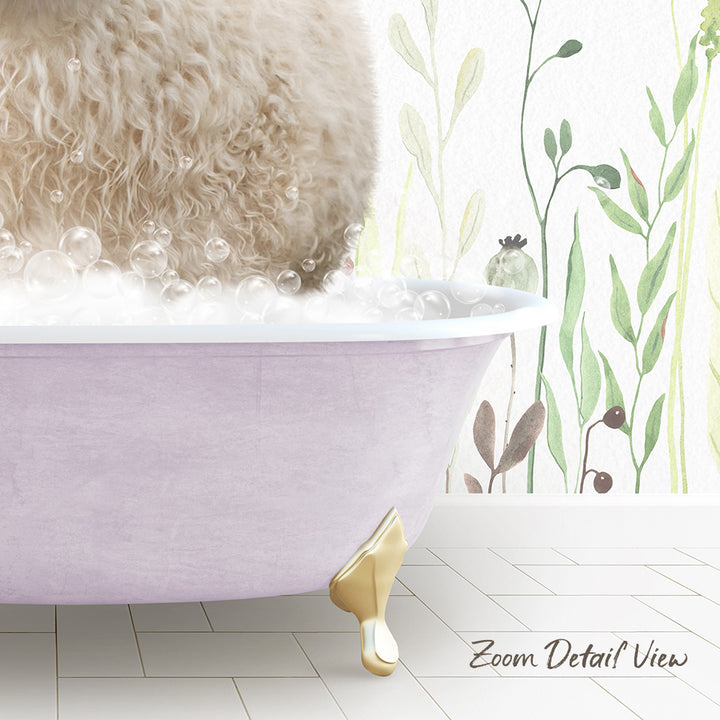 A fluffy white dog is sitting in a pink bathtub filled with bubbles, with a plant-themed wallpaper in the background.