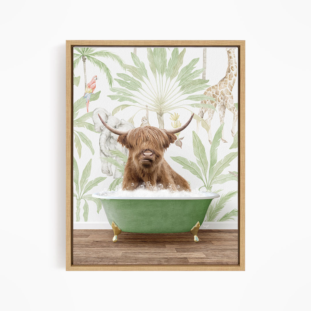 A brown cow with horns is sitting in a green bathtub, surrounded by tropical plants and animals, such as a giraffe and a parrot, against a white background.