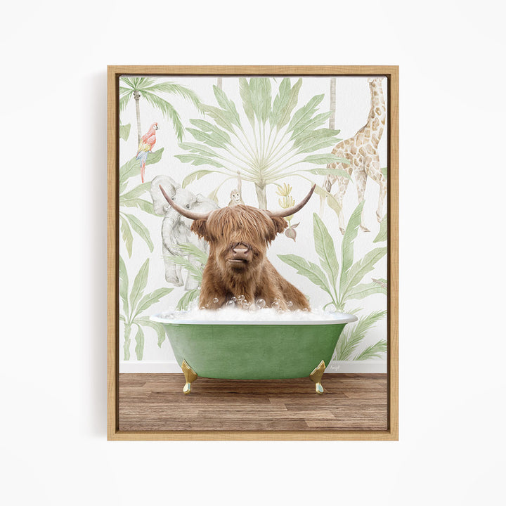 A brown cow with horns is sitting in a green bathtub, surrounded by tropical plants and animals, such as a giraffe and a parrot, against a white background.
