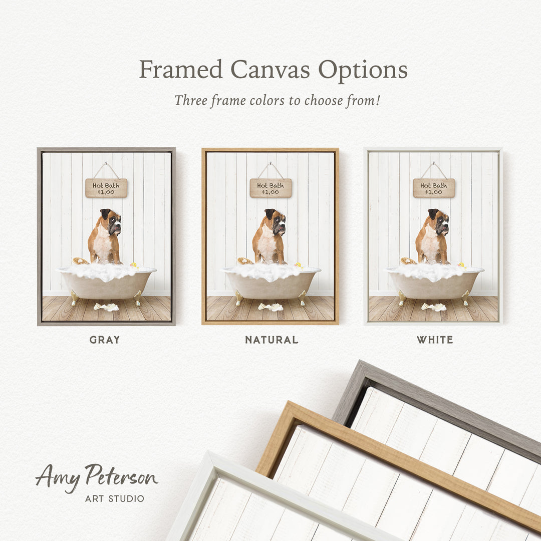 The image is a framed canvas option featuring three different color options for a painting of a dog in a bathtub.