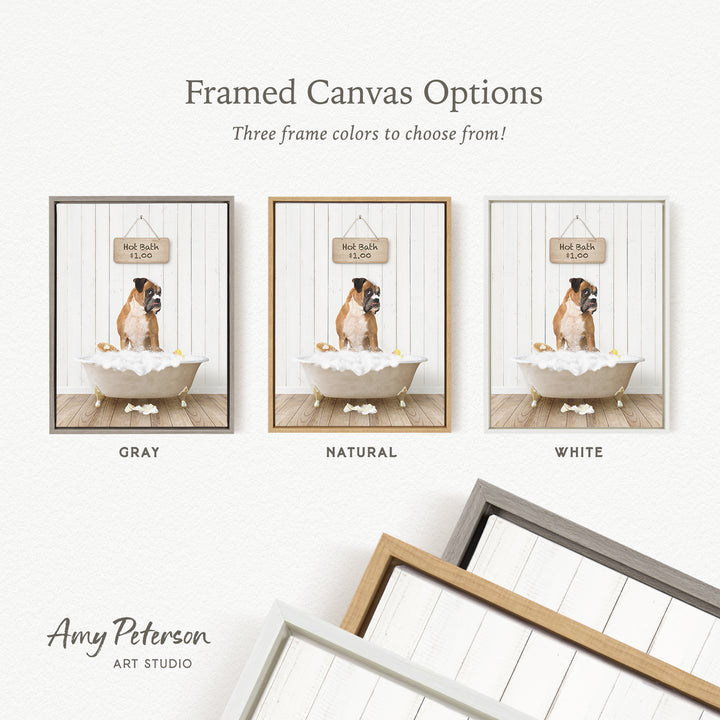 The image is a framed canvas option featuring three different color options for a painting of a dog in a bathtub.