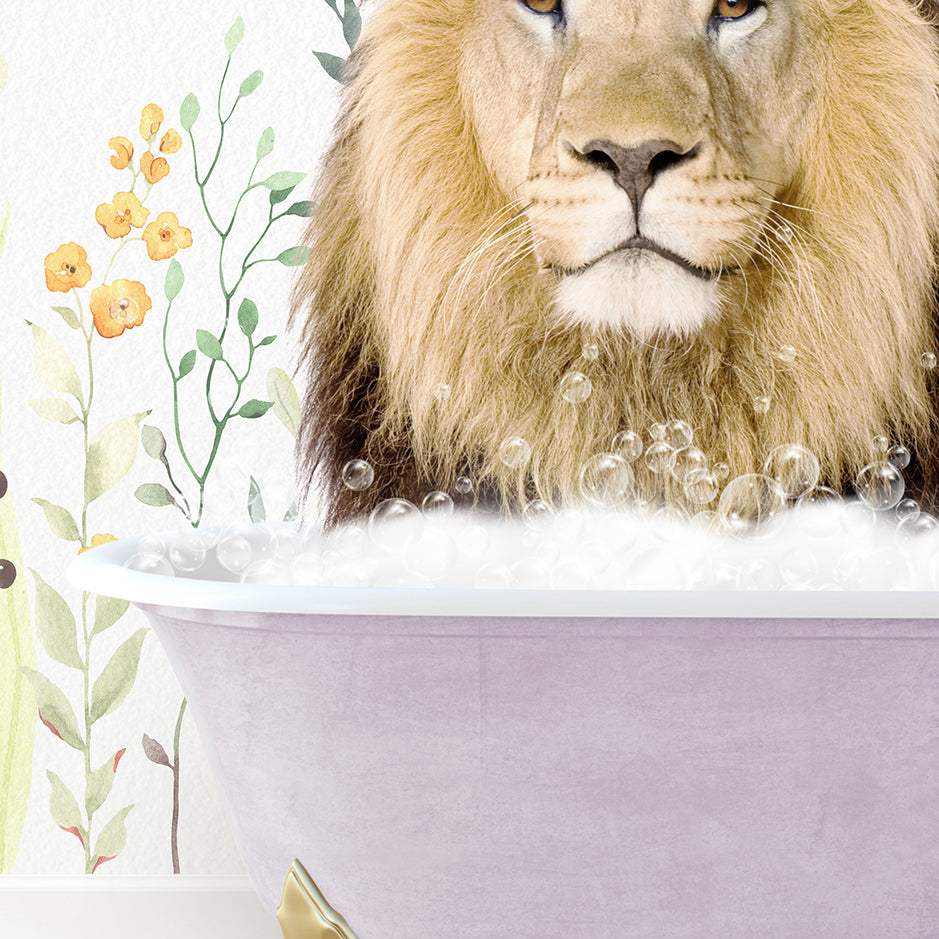 a lion is sitting in a bathtub with bubbles