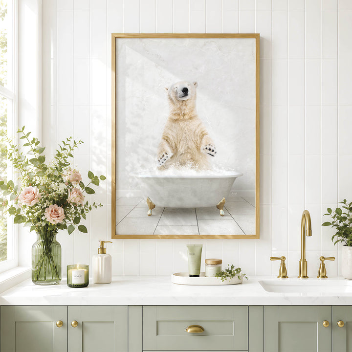 a bathroom with a framed picture of a polar bear sitting in a bathtub, surrounded by flowers and candles.