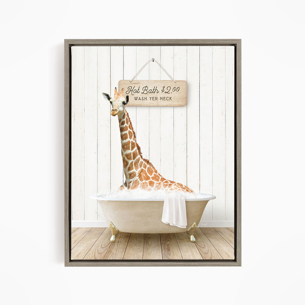 A giraffe sitting in a bathtub, with a sign above it that says "Hot Bath $2.00 WASH YER necks".