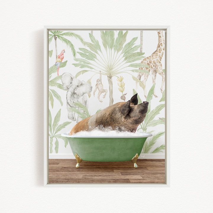 A pig is sitting in a green bathtub filled with water, surrounded by various animals such as a giraffe, parrot, and monkey, all set against a tropical wallpaper backdrop.