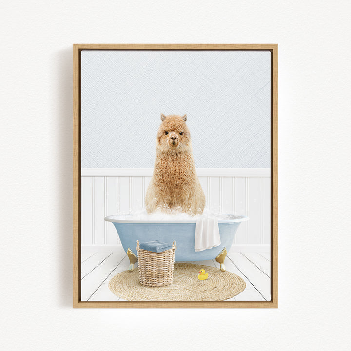 A fluffy brown dog sitting in a blue bathtub filled with bubbles, surrounded by a yellow rubber duck and a woven basket.