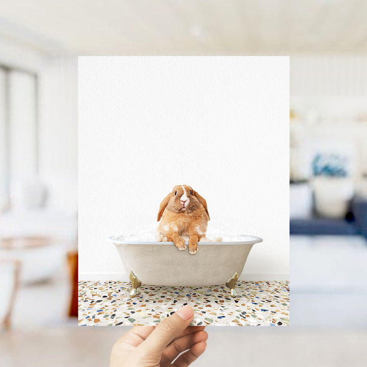 A hand holding a photograph of a brown rabbit sitting in a bathtub filled with water, with a blurred background suggesting a bathroom setting.
