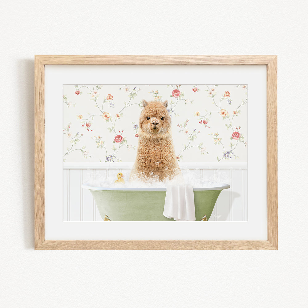 A fluffy brown dog sitting in a green bathtub filled with bubbles, surrounded by a floral patterned wall.