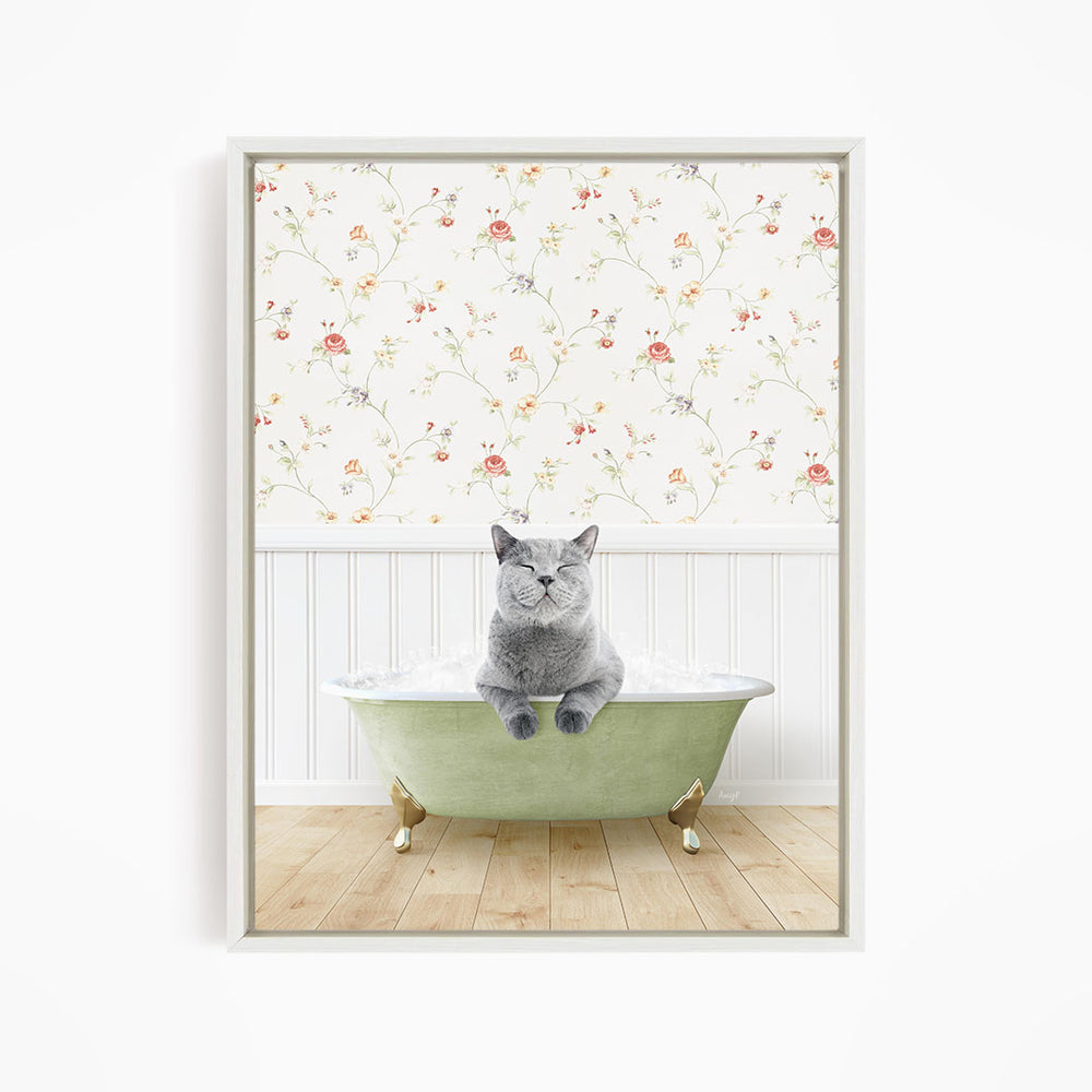 A gray cat sitting in a green bathtub, with a floral wallpaper in the background.