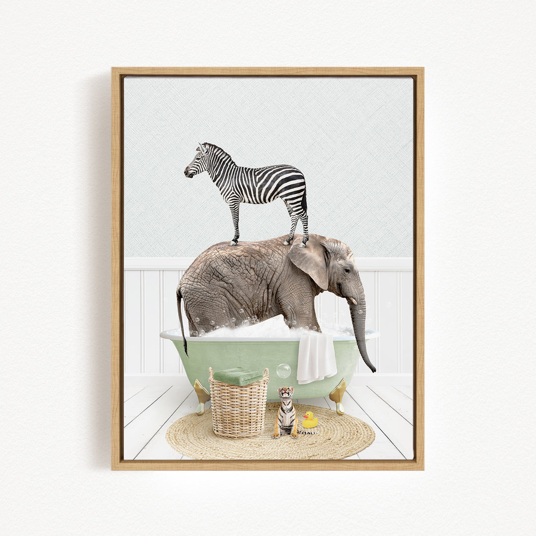 A zebra stands on the back of an elephant, which is sitting in a green bathtub, with a basket of toys nearby.