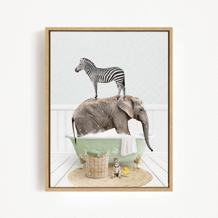 A zebra stands on the back of an elephant, which is sitting in a green bathtub, with a basket of toys nearby.