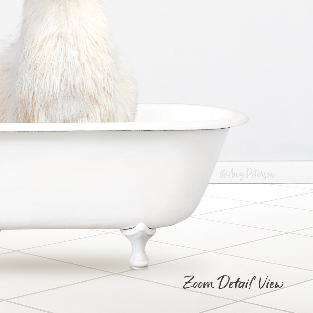 A fluffy white cat sitting in a white bathtub, with a tiled floor in the background.
