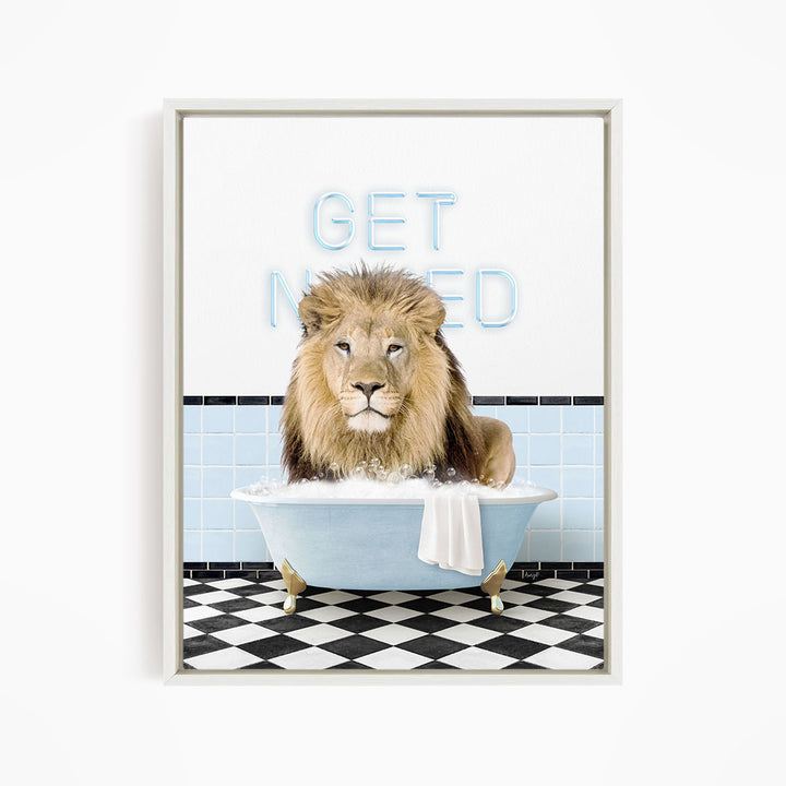 A lion sitting in a bathtub with the text "GET NICKED" written on the wall behind it.