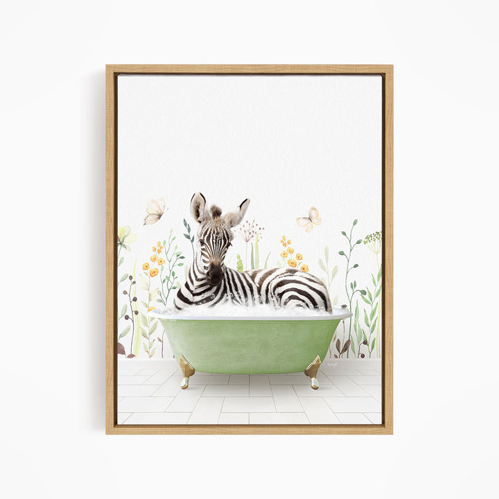 A zebra is sitting in a green bathtub, surrounded by flowers and butterflies, creating a whimsical and playful scene.