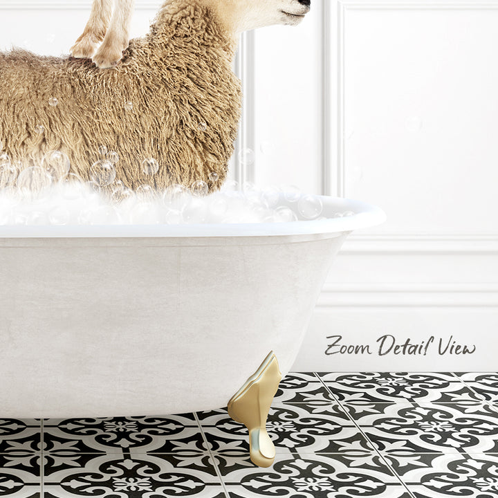 A sheep standing in a bathtub filled with water, with a black and white patterned floor in the background.