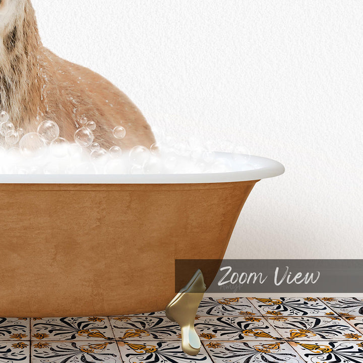 A brown bathtub filled with bubbles, with a cat sitting inside and enjoying a bath.