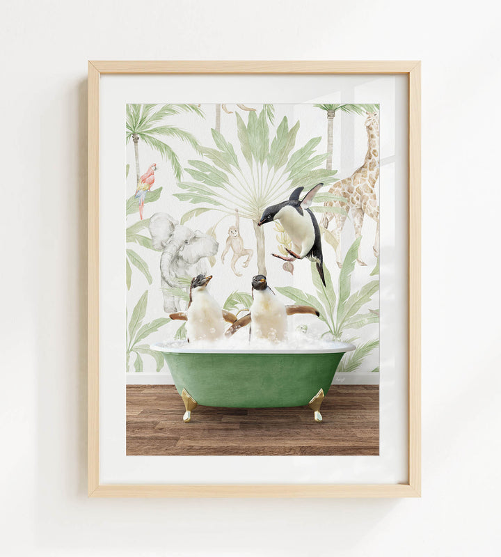 A framed print depicting two penguins sitting in a green bathtub, surrounded by a tropical jungle scene with palm trees, giraffes, and other animals.