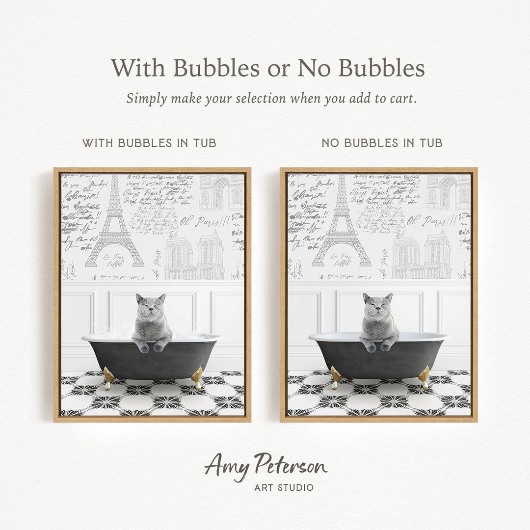 The image is a collage of two framed pictures, each featuring a cat sitting in a bathtub. The cat appears to be gray and white, and it is sitting on a black bathtub with gold legs. The pictures are framed in a gold frame, and the background of each picture has a black and white pattern. The text above the images reads "With Bubbles or No Bubbles Simply make your selection when you add to cart."
