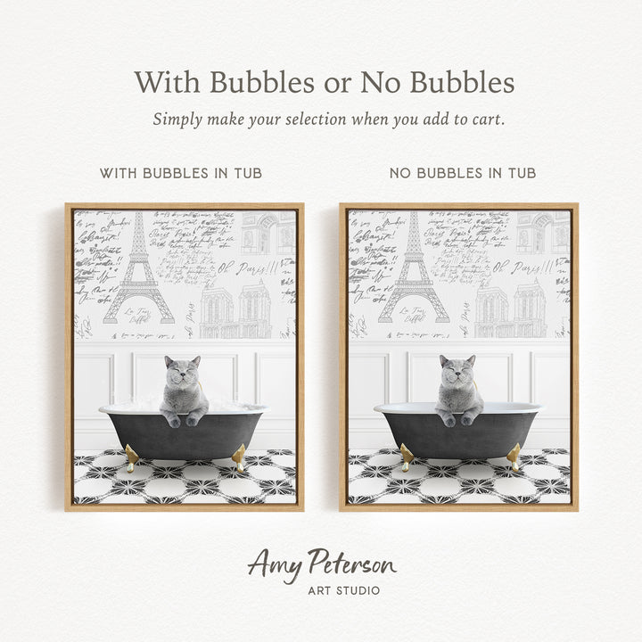The image is a collage of two framed pictures, each featuring a cat sitting in a bathtub. The cat appears to be gray and white, and it is sitting on a black bathtub with gold legs. The pictures are framed in a gold frame, and the background of each picture has a black and white pattern. The text above the images reads "With Bubbles or No Bubbles Simply make your selection when you add to cart."