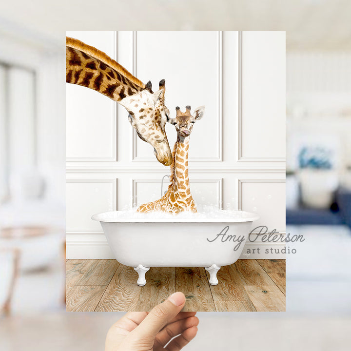 a giraffe and a baby giraffe in a bathtub