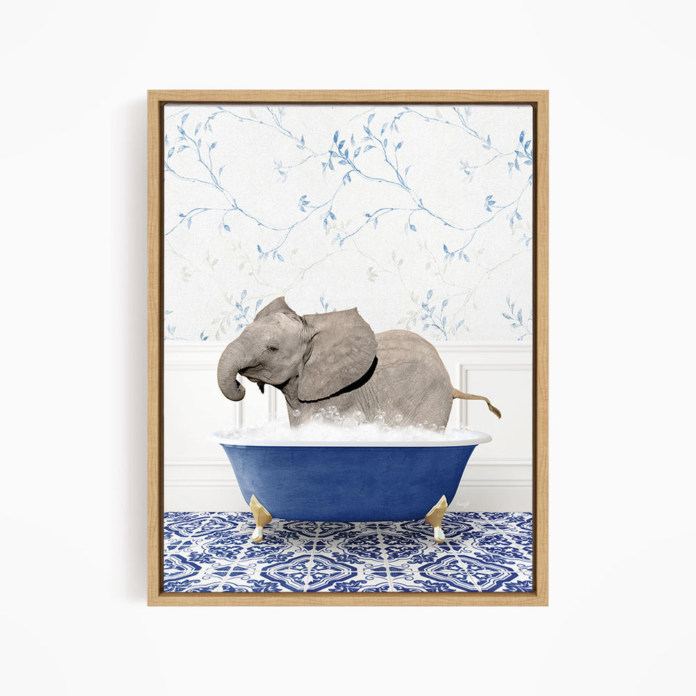 A gray elephant is sitting in a blue bathtub filled with water, surrounded by a blue and white patterned floor.