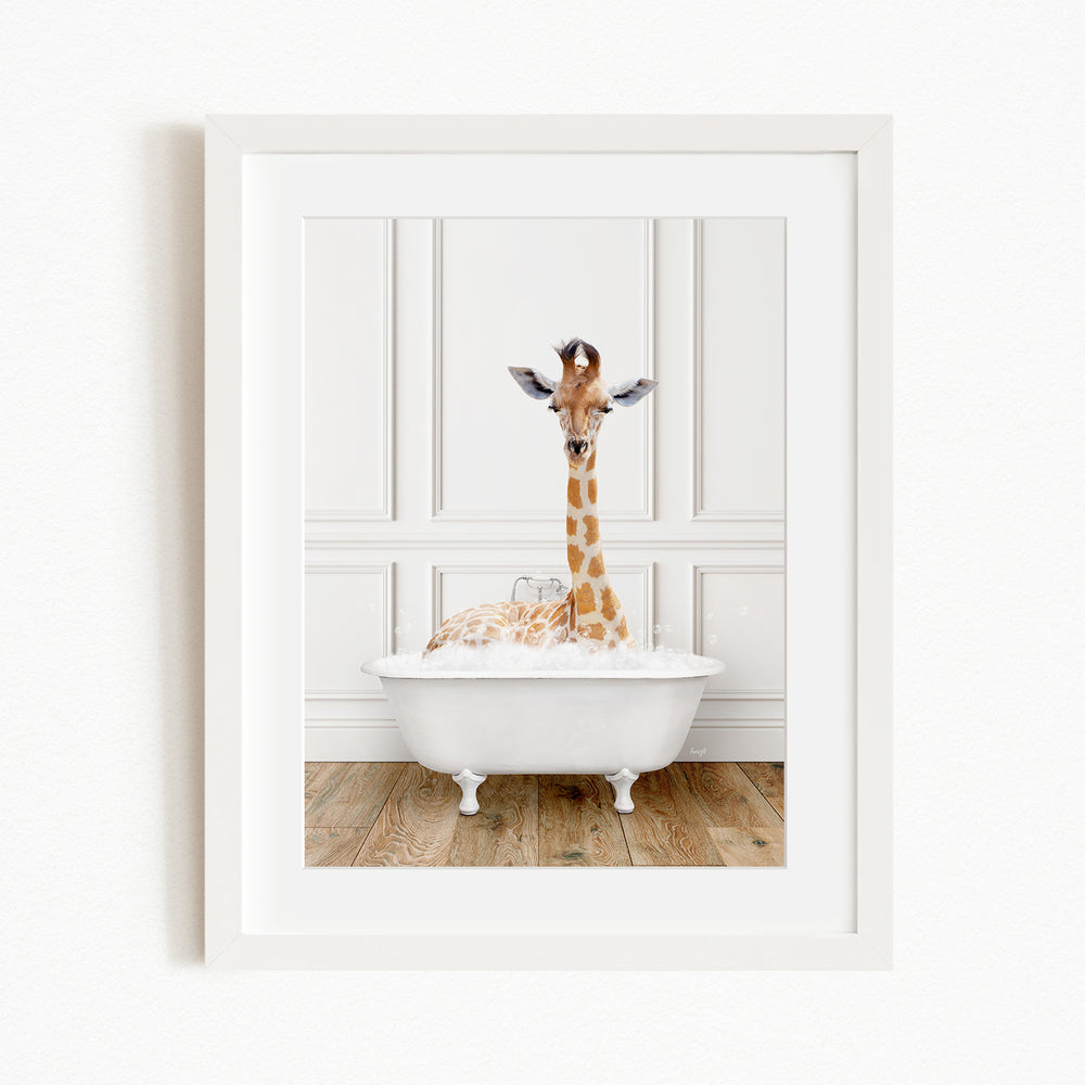A giraffe sitting in a white bathtub filled with water, creating a whimsical and playful scene.