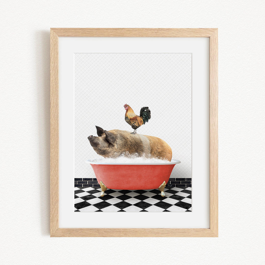 A rooster stands on a pig's back while the pig is sitting in a red bathtub, both on a black and white checkered floor.