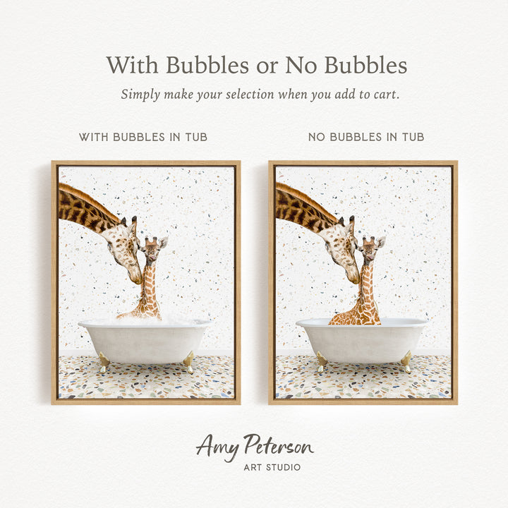 The image is a collage of two framed pictures depicting giraffes in a bathtub. The text above the images reads "With Bubbles or No Bubbles" and below the images, it says "Simply make your selection when you add to cart." The artist's name, Amy Peterson, is mentioned at the bottom of the image.