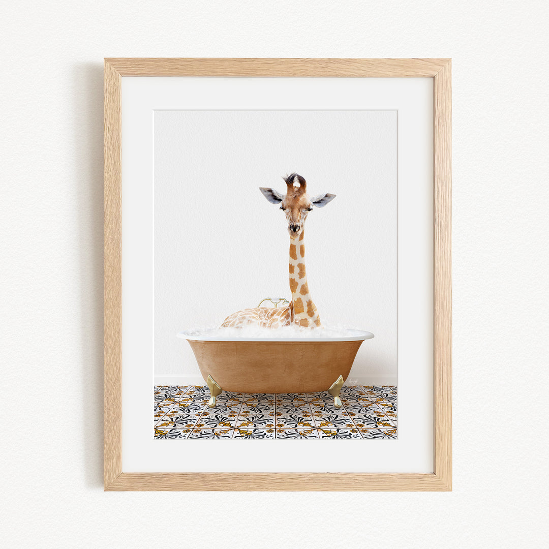 A giraffe sitting in a bathtub filled with bubbles, creating a whimsical and playful scene.