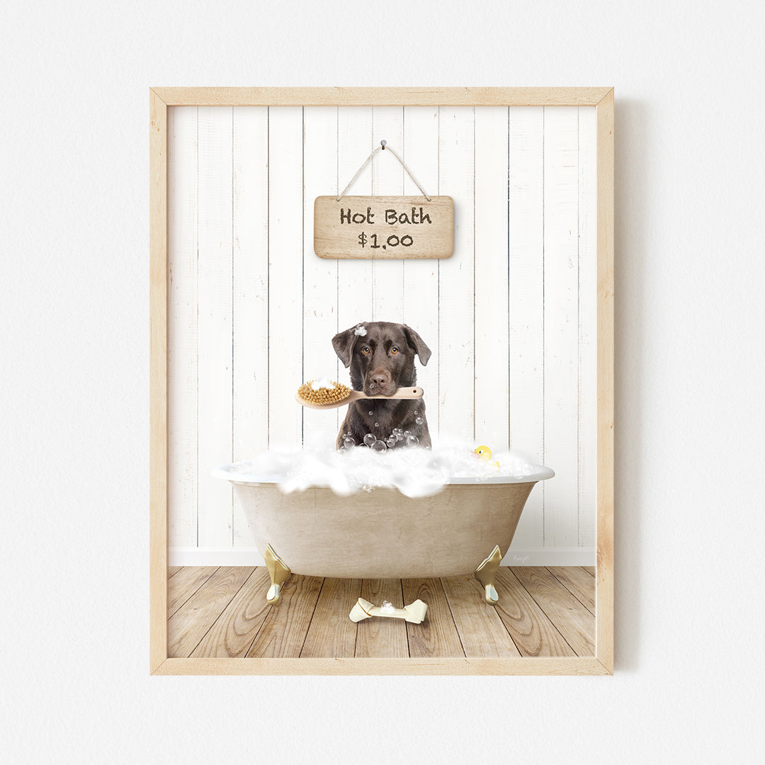 a dog sitting in a bathtub with a sign above it