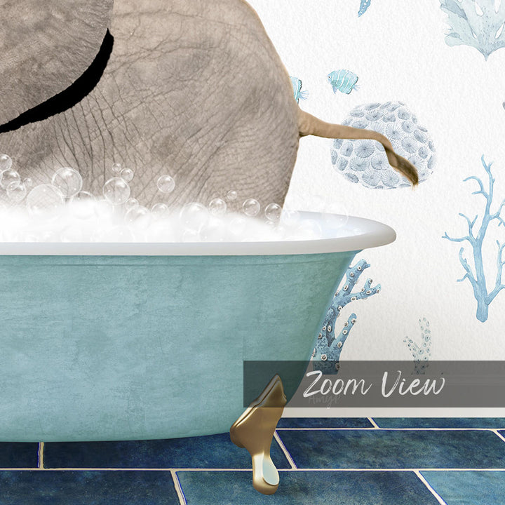 A bathtub filled with bubbles, with a large elephant standing in it. The image is a close-up of the elephant's body, with bubbles surrounding it. The background features a blue and white color scheme with a coral design.
